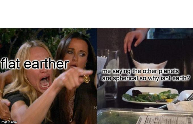 Woman Yelling At Cat Meme | flat earther me saying the other planets are spherical so why isnt earth? | image tagged in memes,woman yelling at cat | made w/ Imgflip meme maker