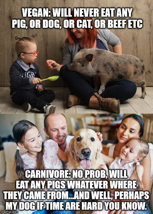 VEGAN VS CARNIVORE | VEGAN: WILL NEVER EAT ANY PIG, OR DOG, OR CAT, OR BEEF ETC; CARNIVORE: NO PROB, WILL EAT ANY PIGS WHATEVER WHERE THEY CAME FROM...AND WELL, PERHAPS MY DOG IF TIME ARE HARD YOU KNOW. | image tagged in vegan,dog,pig,meat,survival | made w/ Imgflip meme maker