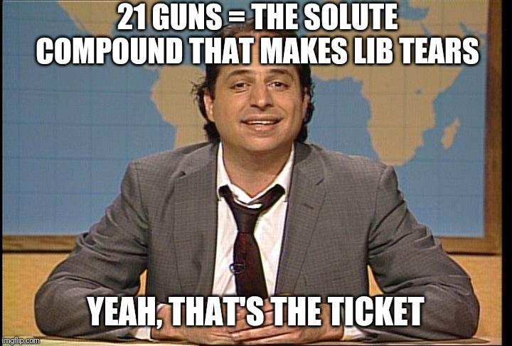 JON LOVITZ SNL LIAR | 21 GUNS = THE SOLUTE COMPOUND THAT MAKES LIB TEARS YEAH, THAT'S THE TICKET | image tagged in jon lovitz snl liar | made w/ Imgflip meme maker