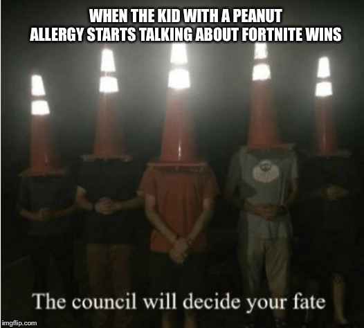 The council will decide your fate | WHEN THE KID WITH A PEANUT ALLERGY STARTS TALKING ABOUT FORTNITE WINS | image tagged in the council will decide your fate | made w/ Imgflip meme maker