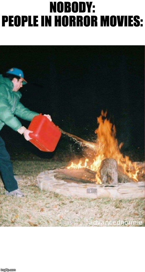 pouring gas on fire | NOBODY:
PEOPLE IN HORROR MOVIES: | image tagged in pouring gas on fire | made w/ Imgflip meme maker