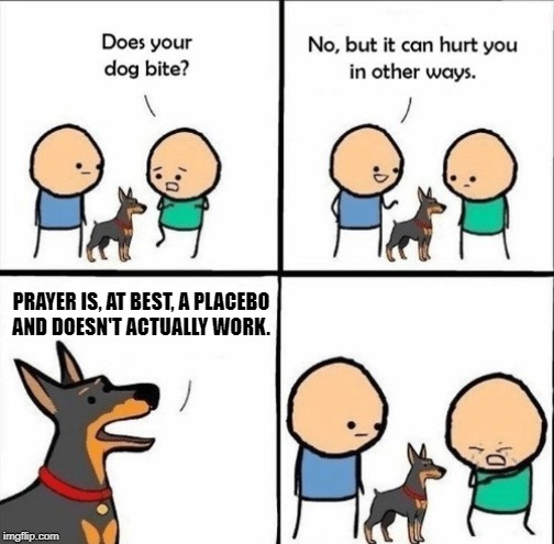 does your dog bite | PRAYER IS, AT BEST, A PLACEBO
AND DOESN'T ACTUALLY WORK. | image tagged in does your dog bite | made w/ Imgflip meme maker