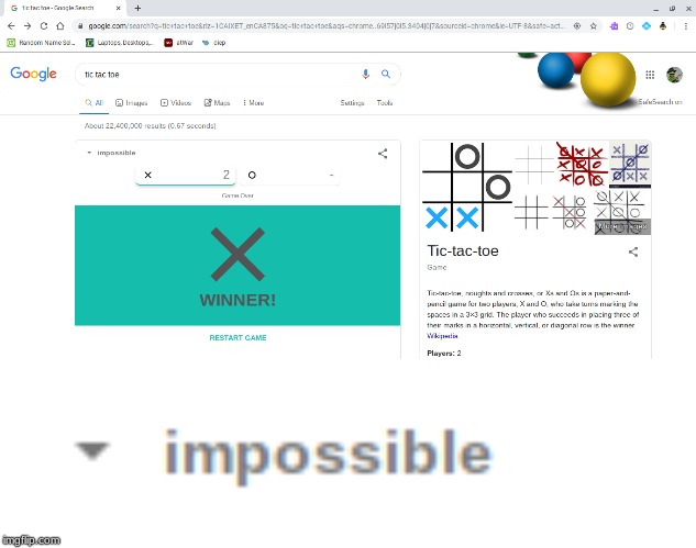 not funny didn't laugh (its a cursed image because you CANT win against the impossible CPU) | image tagged in impossible,memes,funny,tic tac toe,google | made w/ Imgflip meme maker