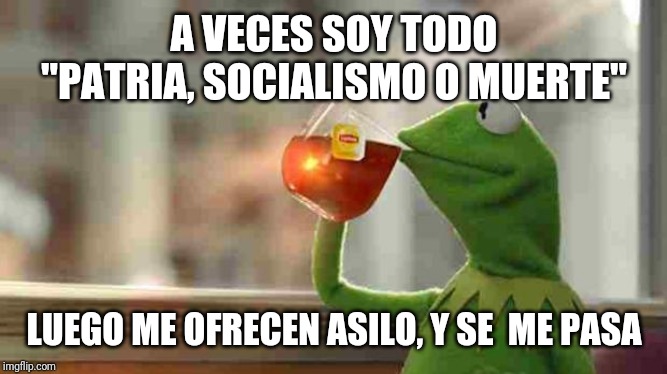 Kermit sipping tea | A VECES SOY TODO "PATRIA, SOCIALISMO O MUERTE"; LUEGO ME OFRECEN ASILO, Y SE  ME PASA | image tagged in kermit sipping tea | made w/ Imgflip meme maker