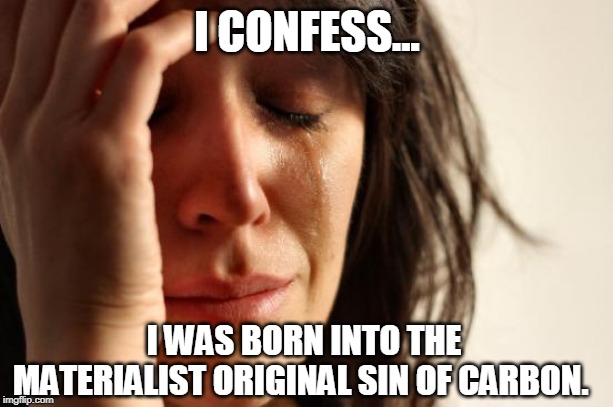 First World Problems Meme | I CONFESS... I WAS BORN INTO THE MATERIALIST ORIGINAL SIN OF CARBON. | image tagged in memes,first world problems | made w/ Imgflip meme maker