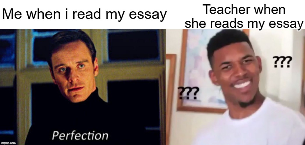 oof | Teacher when she reads my essay; Me when i read my essay | image tagged in funny,memes,teacher,perfection,essays,wtf | made w/ Imgflip meme maker