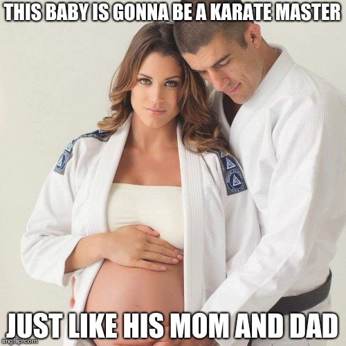 The Karate Family | THIS BABY IS GONNA BE A KARATE MASTER; JUST LIKE HIS MOM AND DAD | image tagged in pregnant,karate,family | made w/ Imgflip meme maker