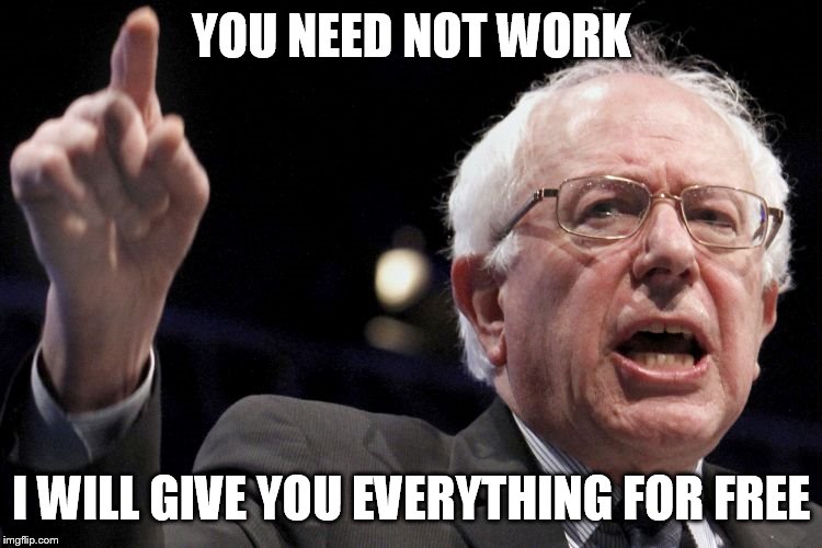 Bernie Sanders | YOU NEED NOT WORK I WILL GIVE YOU EVERYTHING FOR FREE | image tagged in bernie sanders | made w/ Imgflip meme maker
