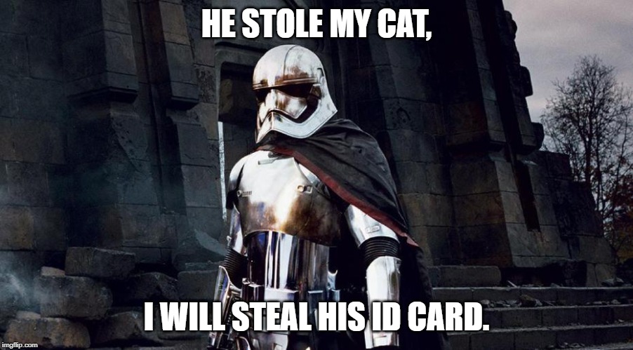 Phasma Nips | HE STOLE MY CAT, I WILL STEAL HIS ID CARD. | image tagged in phasma nips | made w/ Imgflip meme maker