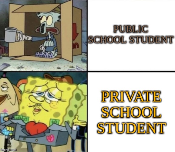 Poor Squidward vs Rich Spongebob | PUBLIC SCHOOL STUDENT; PRIVATE SCHOOL STUDENT | image tagged in poor squidward vs rich spongebob | made w/ Imgflip meme maker
