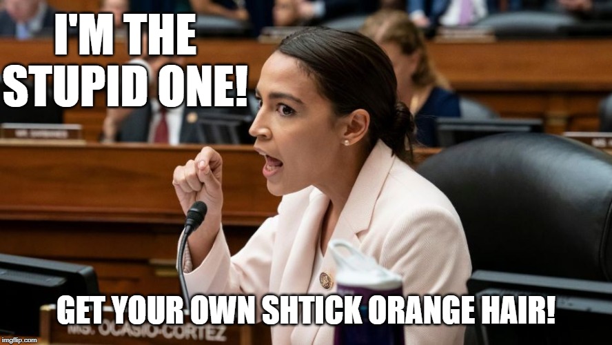 Alexandria Ocasio-Cortez being Assertive | I'M THE STUPID ONE! GET YOUR OWN SHTICK ORANGE HAIR! | image tagged in alexandria ocasio-cortez being assertive | made w/ Imgflip meme maker