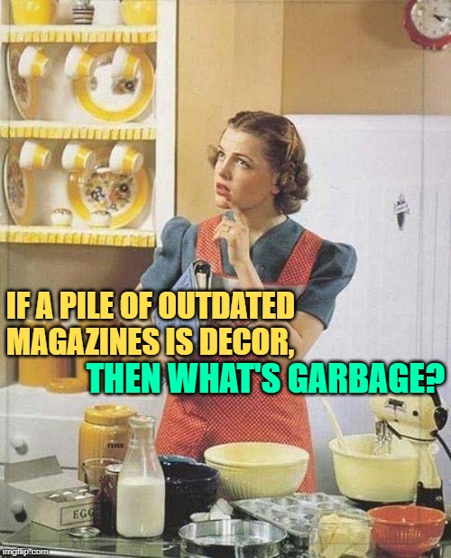 Garbage Pile Gals | IF A PILE OF OUTDATED MAGAZINES IS DECOR, THEN WHAT'S GARBAGE? | image tagged in vintage kitchen query,housewife,housework,humor,funny memes,good question | made w/ Imgflip meme maker