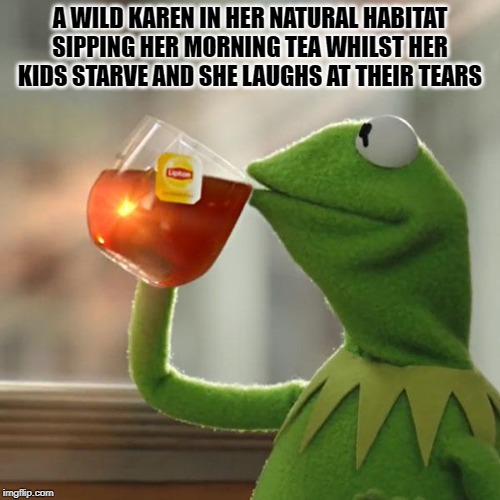 But That's None Of My Business Meme | A WILD KAREN IN HER NATURAL HABITAT SIPPING HER MORNING TEA WHILST HER KIDS STARVE AND SHE LAUGHS AT THEIR TEARS | image tagged in memes,but thats none of my business,kermit the frog | made w/ Imgflip meme maker