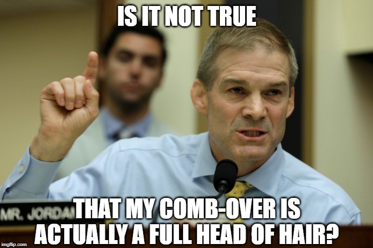 When you prove to the world that you're a moron | IS IT NOT TRUE; THAT MY COMB-OVER IS ACTUALLY A FULL HEAD OF HAIR? | image tagged in rep jim jordan,funny,fun,politics,impeachment | made w/ Imgflip meme maker