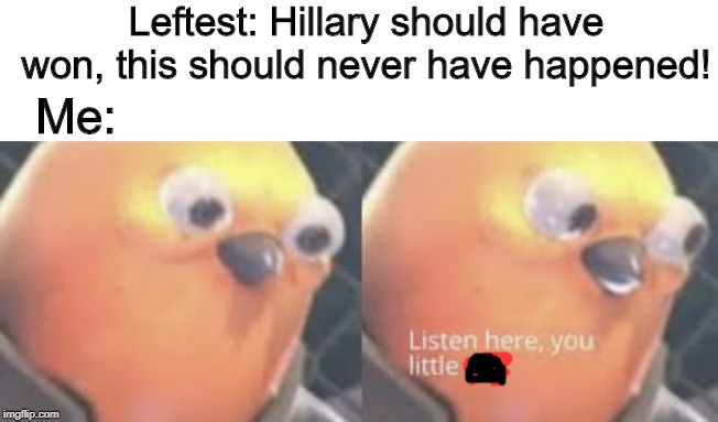 Listen here leftest | Leftest: Hillary should have won, this should never have happened! Me: | image tagged in listen here you little shit bird,memes,politics,trump,hillary | made w/ Imgflip meme maker