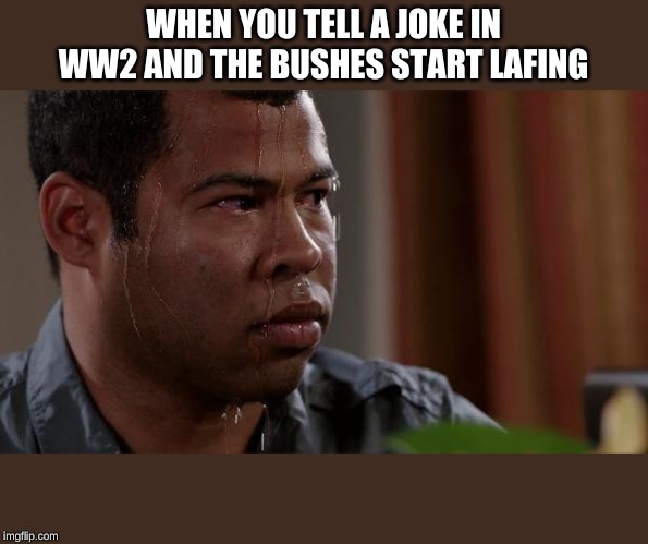 sweating bullets | WHEN YOU TELL A JOKE IN WW2 AND THE BUSHES START LAUGHING | image tagged in sweating bullets | made w/ Imgflip meme maker