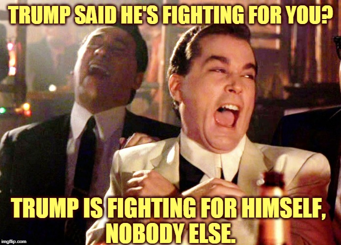 Trump is fighting for his favorite cause. | TRUMP SAID HE'S FIGHTING FOR YOU? TRUMP IS FIGHTING FOR HIMSELF, 
NOBODY ELSE. | image tagged in memes,good fellas hilarious,trump | made w/ Imgflip meme maker