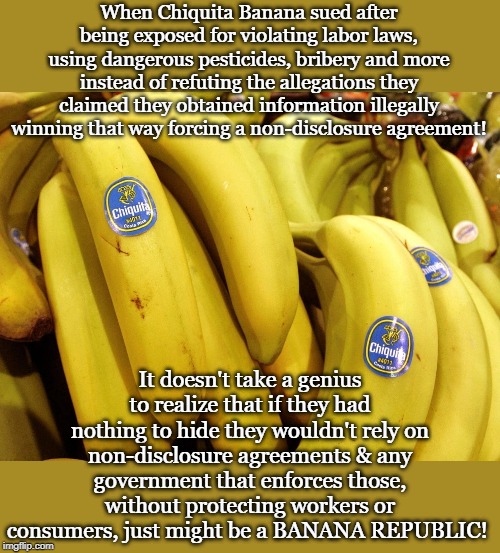 When Chiquita Banana sued after being exposed for violating labor laws, using dangerous pesticides, bribery and more instead of refuting the allegations they claimed they obtained information illegally winning that way forcing a non-disclosure agreement! It doesn't take a genius to realize that if they had nothing to hide they wouldn't rely on non-disclosure agreements & any government that enforces those, without protecting workers or consumers, just might be a BANANA REPUBLIC! | made w/ Imgflip meme maker