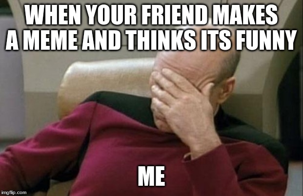 Captain Picard Facepalm | WHEN YOUR FRIEND MAKES A MEME AND THINKS ITS FUNNY; ME | image tagged in memes,captain picard facepalm | made w/ Imgflip meme maker