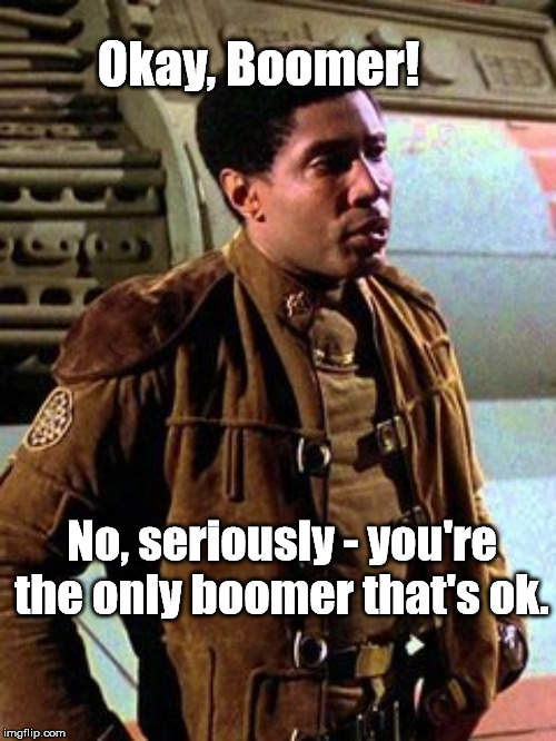 Okay Boomer | Okay, Boomer! No, seriously - you're the only boomer that's ok. | image tagged in boomer,battle star galactica | made w/ Imgflip meme maker