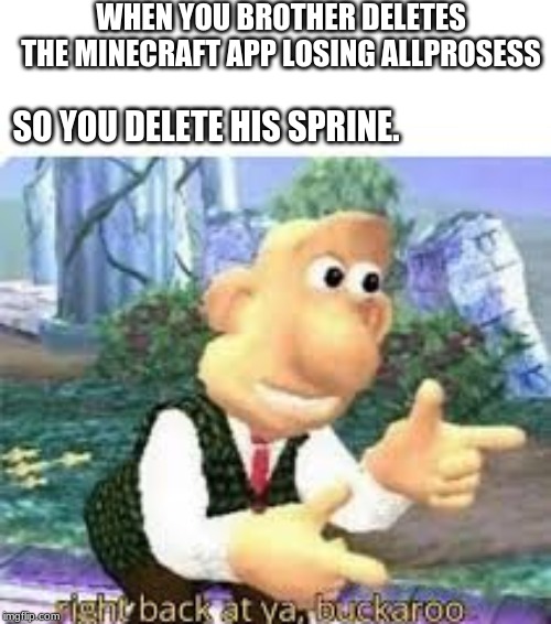 right back at ya, buckaroo | WHEN YOU BROTHER DELETES THE MINECRAFT APP LOSING ALLPROSESS; SO YOU DELETE HIS SPRINE. | image tagged in right back at ya buckaroo | made w/ Imgflip meme maker