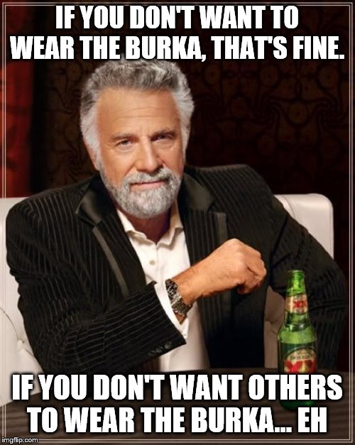 The Most Interesting Man In The World Meme | IF YOU DON'T WANT TO WEAR THE BURKA, THAT'S FINE. IF YOU DON'T WANT OTHERS TO WEAR THE BURKA... EH | image tagged in memes,the most interesting man in the world | made w/ Imgflip meme maker