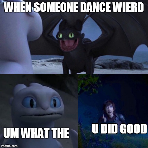 night fury | WHEN SOMEONE DANCE WIERD; UM WHAT THE; U DID GOOD | image tagged in night fury | made w/ Imgflip meme maker