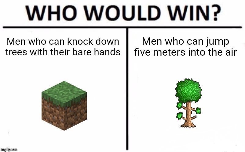 Who Would Win? | Men who can knock down trees with their bare hands; Men who can jump five meters into the air | image tagged in memes,who would win | made w/ Imgflip meme maker