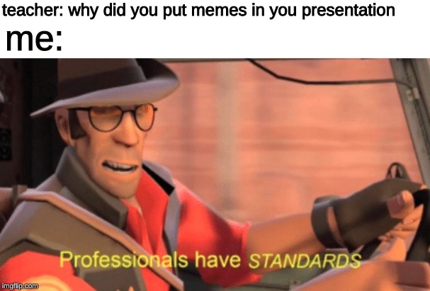 Professionals have standards | teacher: why did you put memes in you presentation; me: | image tagged in professionals have standards,memes,tf2,team fortress 2 | made w/ Imgflip meme maker