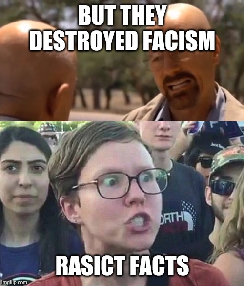BUT THEY DESTROYED FACISM RASICT FACTS | image tagged in triggered liberal,logic | made w/ Imgflip meme maker