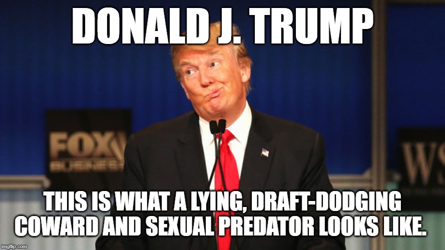 Trump silly stupid foolish | DONALD J. TRUMP; THIS IS WHAT A LYING, DRAFT-DODGING COWARD AND SEXUAL PREDATOR LOOKS LIKE. | image tagged in trump silly stupid foolish | made w/ Imgflip meme maker