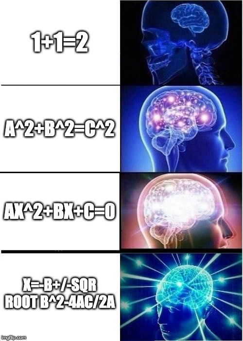 Expanding Brain Meme | 1+1=2; A^2+B^2=C^2; AX^2+BX+C=0; X=-B+/-SQR ROOT B^2-4AC/2A | image tagged in memes,expanding brain | made w/ Imgflip meme maker