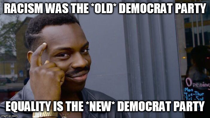 The Democrats aren't racist anymore | RACISM WAS THE *OLD* DEMOCRAT PARTY; EQUALITY IS THE *NEW* DEMOCRAT PARTY | image tagged in memes,roll safe think about it,racism,equality,democrat,democrats | made w/ Imgflip meme maker