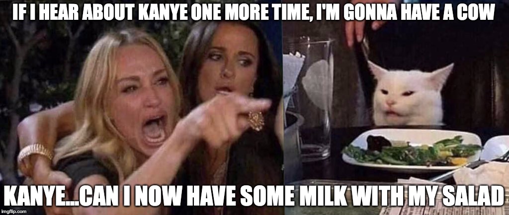 woman yelling at cat | IF I HEAR ABOUT KANYE ONE MORE TIME, I'M GONNA HAVE A COW; KANYE...CAN I NOW HAVE SOME MILK WITH MY SALAD | image tagged in woman yelling at cat | made w/ Imgflip meme maker