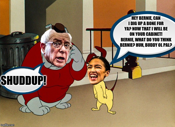 Bernie & Cortez | HEY BERNIE, CAN I DIG UP A BONE FOR YA? NOW THAT I WILL BE ON YOUR CABINET! BERNIE, WHAT DO YOU THINK BERNIE? HUH, BUDDY OL PAL? SHUDDUP! | image tagged in bernie sanders,aoc,alexandria ocasio-cortez,government corruption,election 2020,ass kissing | made w/ Imgflip meme maker