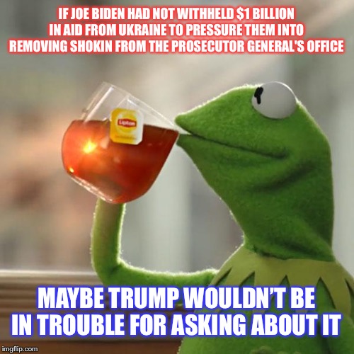 But That's None Of My Business | IF JOE BIDEN HAD NOT WITHHELD $1 BILLION IN AID FROM UKRAINE TO PRESSURE THEM INTO REMOVING SHOKIN FROM THE PROSECUTOR GENERAL'S OFFICE; MAYBE TRUMP WOULDN’T BE IN TROUBLE FOR ASKING ABOUT IT | image tagged in memes,but thats none of my business,kermit the frog | made w/ Imgflip meme maker