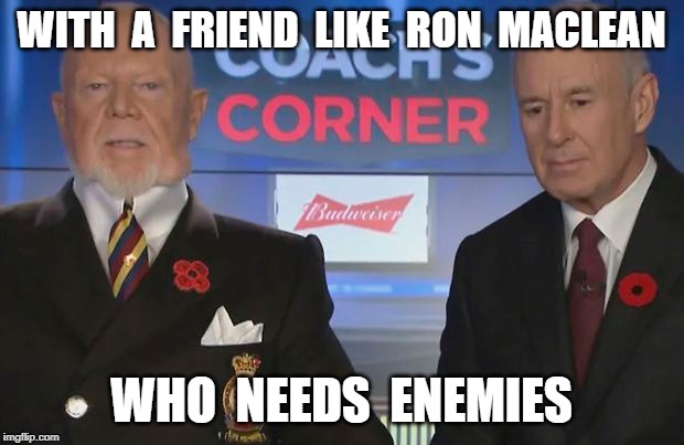 Ron Gives Thumbs Up, Don Gets Fired | WITH  A  FRIEND  LIKE  RON  MACLEAN; WHO  NEEDS  ENEMIES | image tagged in don cherry | made w/ Imgflip meme maker