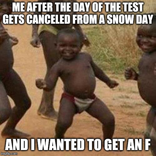Third World Success Kid | ME AFTER THE DAY OF THE TEST GETS CANCELED FROM A SNOW DAY; AND I WANTED TO GET AN F | image tagged in memes,third world success kid | made w/ Imgflip meme maker