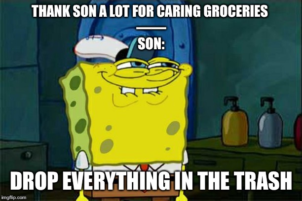 THANK SON A LOT FOR CARING GROCERIES 
——
SON: DROP EVERYTHING IN THE TRASH | image tagged in memes,dont you squidward | made w/ Imgflip meme maker