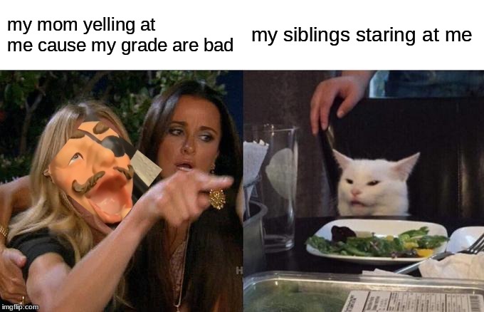 Woman Yelling At Cat Meme | my mom yelling at me cause my grade are bad; my siblings staring at me | image tagged in memes,woman yelling at cat | made w/ Imgflip meme maker