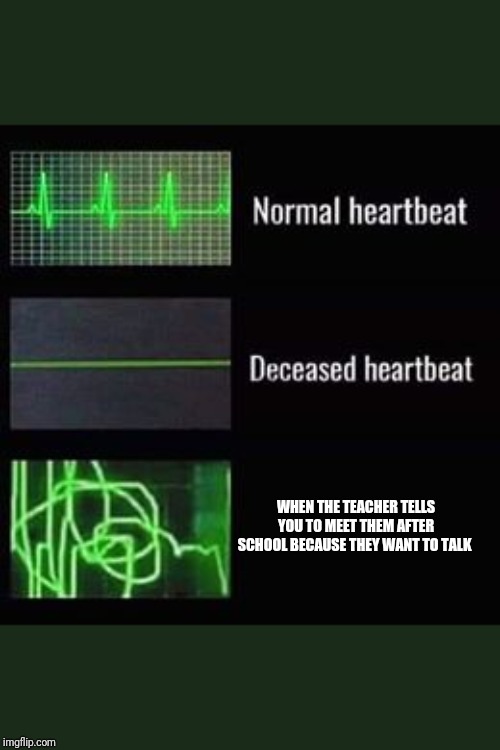 heartbeat rate | WHEN THE TEACHER TELLS YOU TO MEET THEM AFTER SCHOOL BECAUSE THEY WANT TO TALK | image tagged in heartbeat rate | made w/ Imgflip meme maker