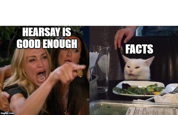 Woman Yelling At Cat | HEARSAY IS
GOOD ENOUGH; FACTS | image tagged in memes,woman yelling at cat | made w/ Imgflip meme maker