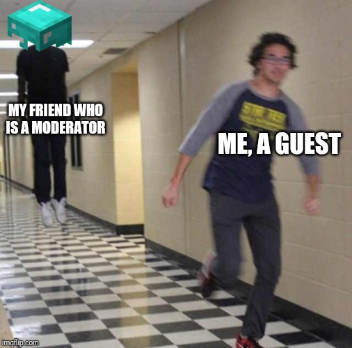 floating boy chasing running boy | MY FRIEND WHO IS A MODERATOR; ME, A GUEST | image tagged in floating boy chasing running boy | made w/ Imgflip meme maker