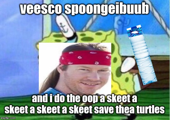 Mocking Spongebob Meme | veesco spoongeibuub and i do the oop a skeet a skeet a skeet a skeet save thea turtles | image tagged in memes,mocking spongebob | made w/ Imgflip meme maker