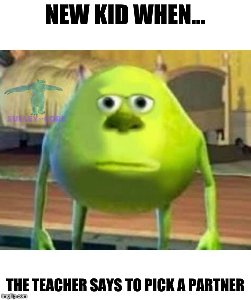 Monsters Inc | NEW KID WHEN... THE TEACHER SAYS TO PICK A PARTNER | image tagged in monsters inc | made w/ Imgflip meme maker