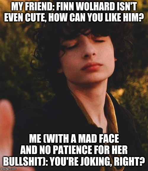 MY FRIEND: FINN WOLHARD ISN'T EVEN CUTE, HOW CAN YOU LIKE HIM? ME (WITH A MAD FACE AND NO PATIENCE FOR HER BULLSHIT): YOU'RE JOKING, RIGHT? | made w/ Imgflip meme maker