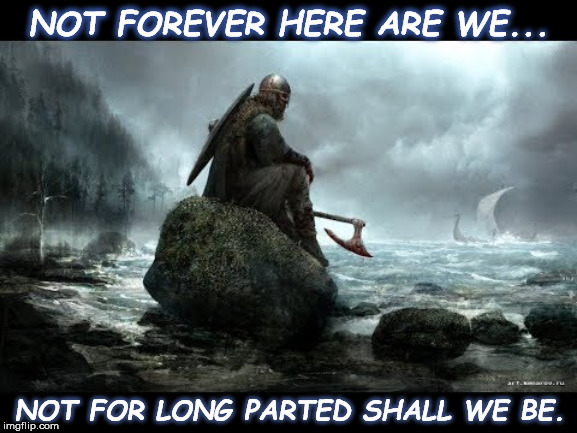 lone Dane | NOT FOREVER HERE ARE WE... NOT FOR LONG PARTED SHALL WE BE. | image tagged in viking,norseman,sorrow,death,friend | made w/ Imgflip meme maker