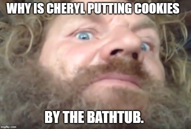 JR | WHY IS CHERYL PUTTING COOKIES; BY THE BATHTUB. | image tagged in jr | made w/ Imgflip meme maker