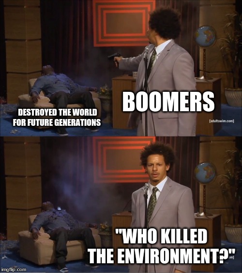 Who Killed Hannibal Meme | BOOMERS; DESTROYED THE WORLD FOR FUTURE GENERATIONS; "WHO KILLED THE ENVIRONMENT?" | image tagged in memes,who killed hannibal | made w/ Imgflip meme maker