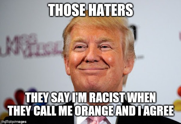 Donald trump approves | THOSE HATERS; THEY SAY I'M RACIST WHEN THEY CALL ME ORANGE AND I AGREE | image tagged in donald trump approves | made w/ Imgflip meme maker